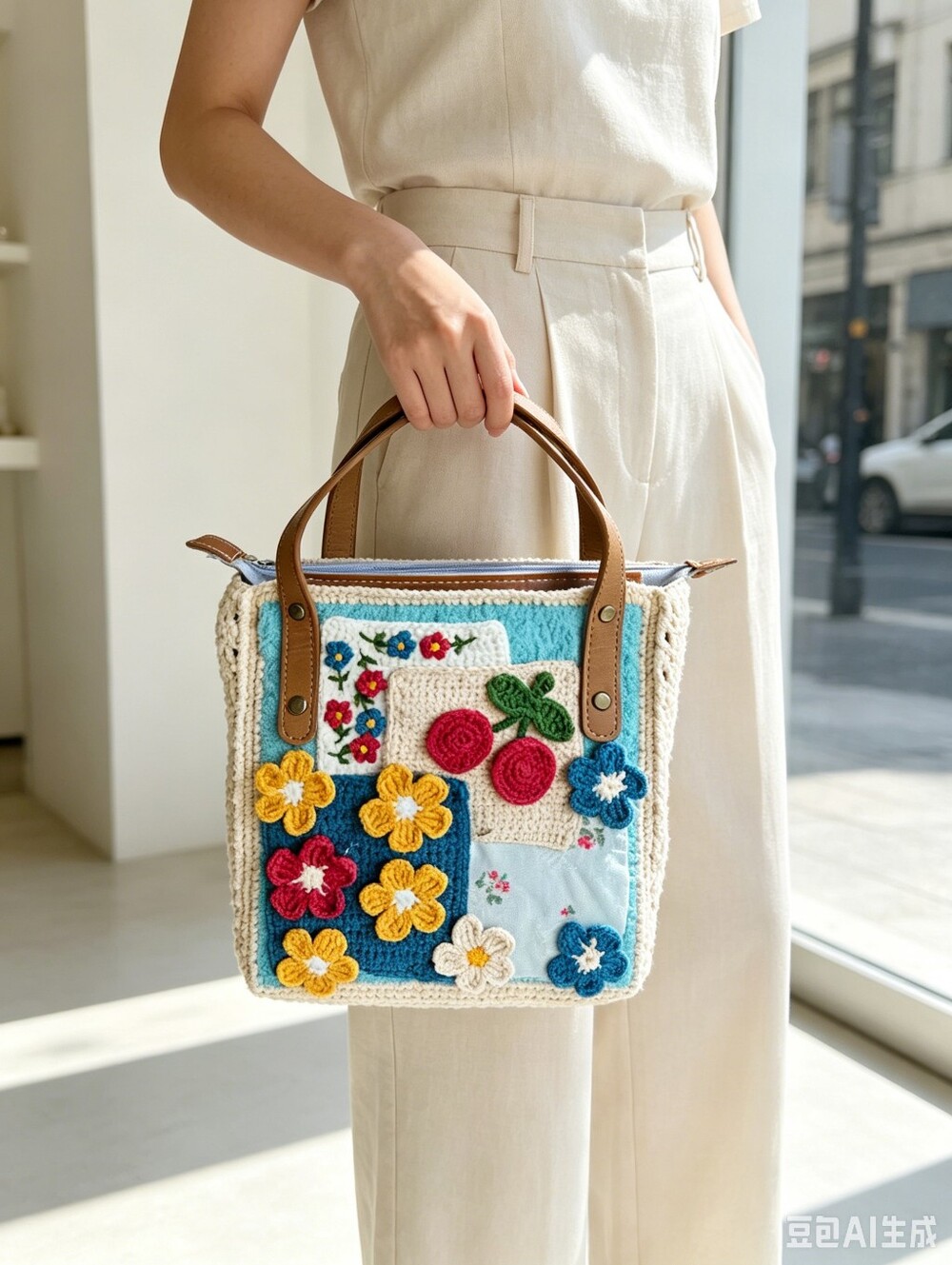 Handmade Crochet Floral Patchwork Tote Bag - Pink, Cream & Mustard - Picture 9 of 10